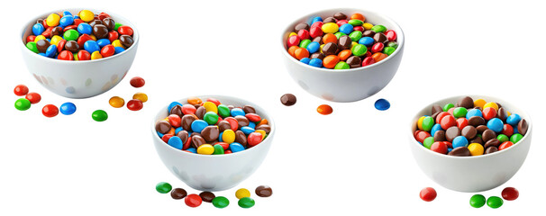 Set of white bowls filled with colorful chocolate candy coated sweets, isolated on transparent background