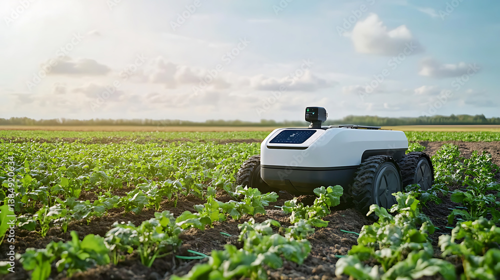 Poster an ai powered agricultural robot harvesting crops in a high tech farm, expansive fields with real-ti
