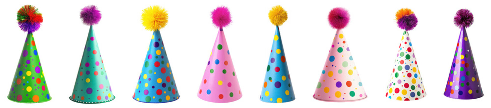 Set of colorful polka dot party hats with fluffy pom-poms, isolated on transparent background