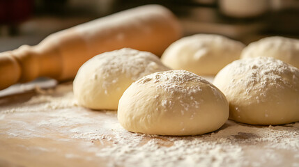 Freshly prepared dough balls sit on floured wooden surface, ready for baking. rolling pin rests nearby, adding to cozy kitchen atmosphere