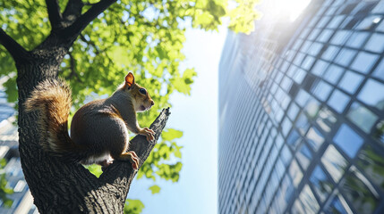 squirrel perched on tree branch, surrounded by vibrant green leaves, gazes at modern skyscraper in background, creating serene urban scene