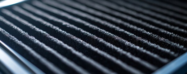 Close up view of a dirty air filter showing carbon build up