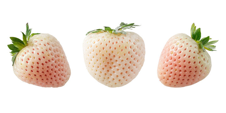 White strawberry or pineberry berries flying isolated on white background.