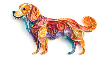 vibrant quilled paper art piece depicts golden retriever, showcasing intricate swirls and curls in warm hues. artwork captures playful essence of dog with creative flair