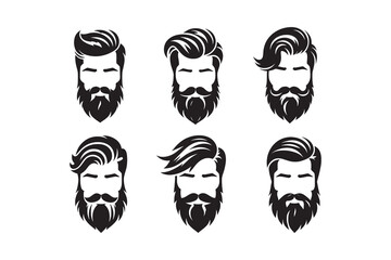 Set of  Beard and hair style face silhouette logo icon, isolated on white background