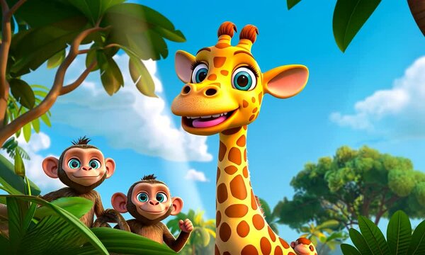 Cheerful cartoon giraffe and playful monkeys in a vibrant jungle setting with lush greenery