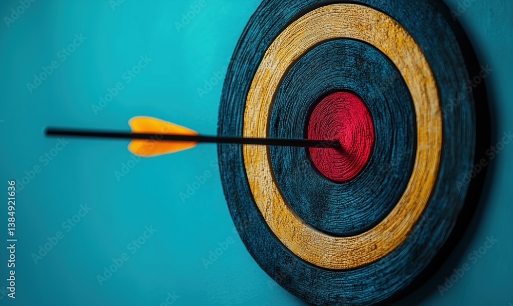 Poster arrow hitting center of dartboard with vibrant colors and textured design