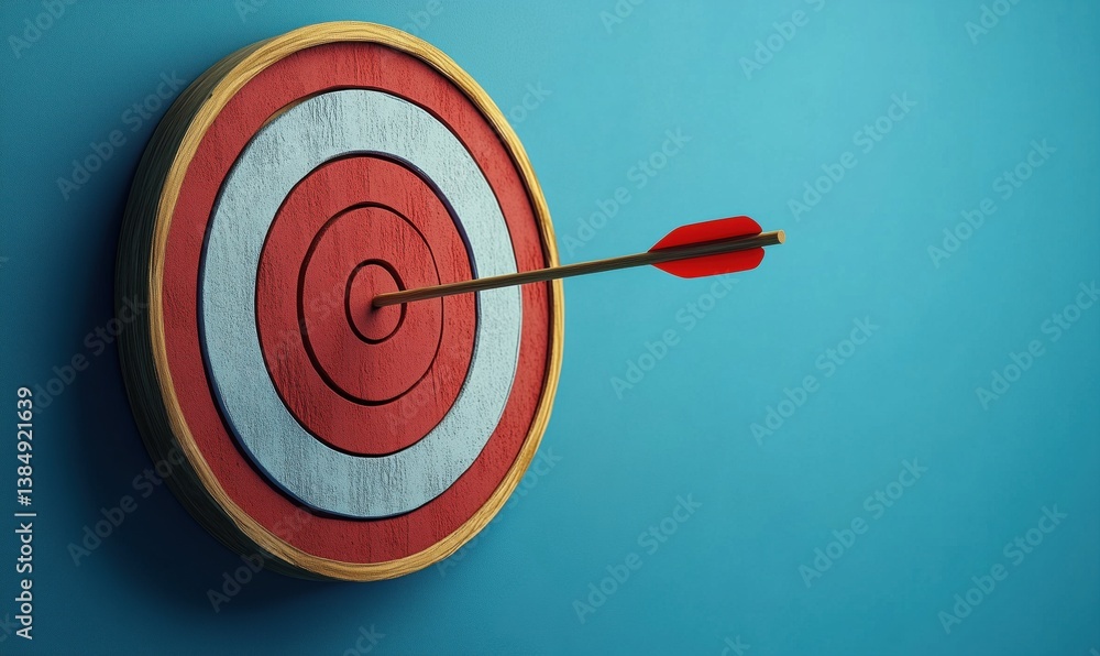 Poster dartboard with arrow hitting bullseye on blue background representing precision and focus