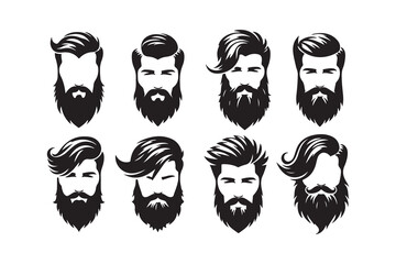 Set of  Beard and hair style face silhouette logo icon, isolated on white background