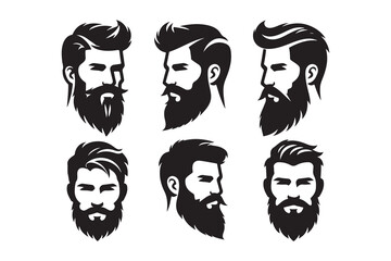 Set of  Beard and hair style face silhouette logo icon, isolated on white background