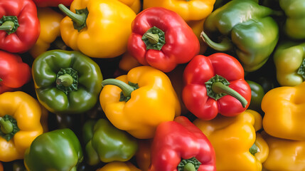 Fresh bell peppers in vibrant colors including red, yellow, and green are stacked together, showcasing their glossy texture and natural appeal. These vegetables are perfect for healthy dishes