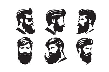 Set of  Beard and hair style face silhouette logo icon, isolated on white background