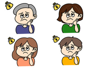 お金のことで困る家族のイラスト　セット