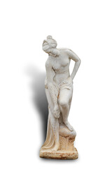 A broken dirty white statue of a woman isolated on white background. This has clipping path.