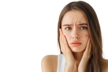 Young woman with acne touching her face, isolated on transparent background