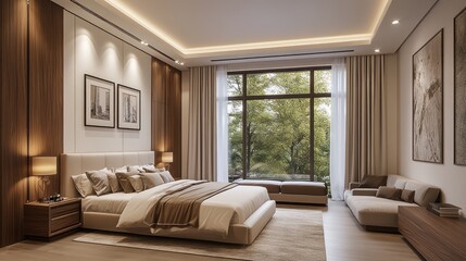 Modern bedroom with city view, tranquil interior, comfortable bedding, elegant design, potential for home decor inspiration