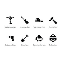 Jackhammer, Screwdriver, Tape measure, Hammer, Cordless drill, Shovel, Concrete mixer, Toolbox, Black Icon Set