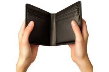 Hands holding an open empty black leather wallet, isolated on transparent background