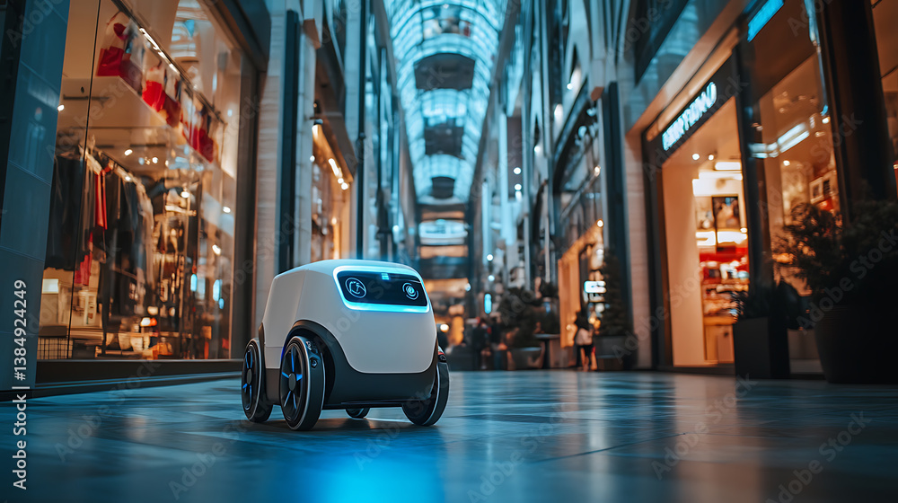 Poster an ai powered automated delivery robot navigating through a bustling shopping district, futuristic r