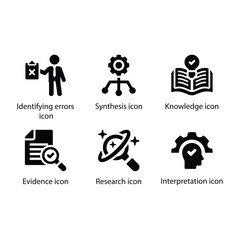 Identifying errors, Synthesis, Knowledge, Evidence, Research, Interpretation, Black Icon Set