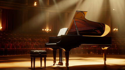 A grand piano awaits in a concert hall with velvet curtains