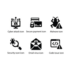 Cyber attack, Secure payment, Malware, Security scan, Email virus, Code issue, Black Icon Set