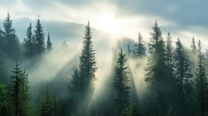Sunrise through misty mountain forest. Possible use Stock photo for nature, travel, or inspiring themes