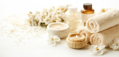 Luxurious spa scene with rolled towels, candles, and flowers creating serene atmosphere. Soft lighting enhances calming ambiance, perfect for relaxation and rejuvenation