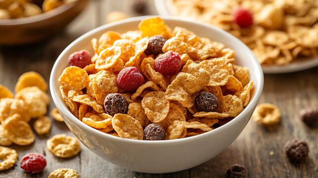 delicious bowl of cereal featuring crispy corn flakes mixed with colorful chocolate and raspberry flavored pieces, perfect for delightful breakfast or snack