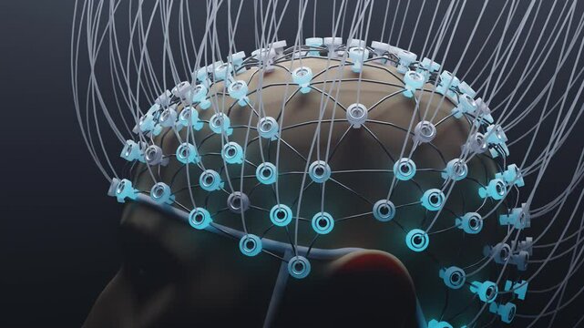 Man with electrodes measuring brain signals. Neuroscience concept.