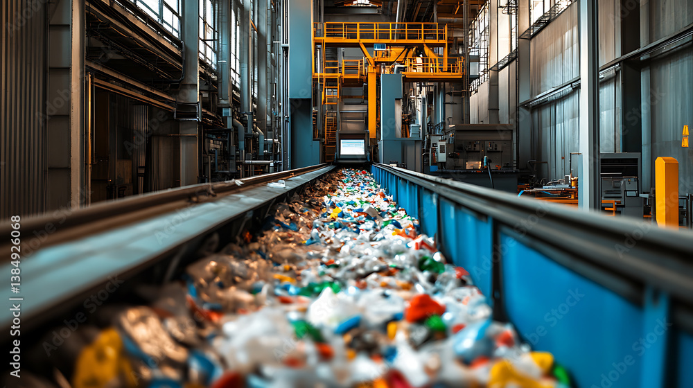 Poster an ai powered automated sorting system managing waste at a recycling plant, advanced sorting machine