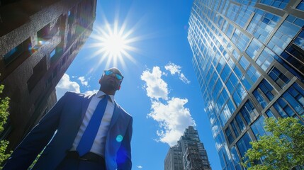 Fototapeta premium Professional Man Walking to Office Urban Skyline Business Environment Low Angle View Modern Work Culture
