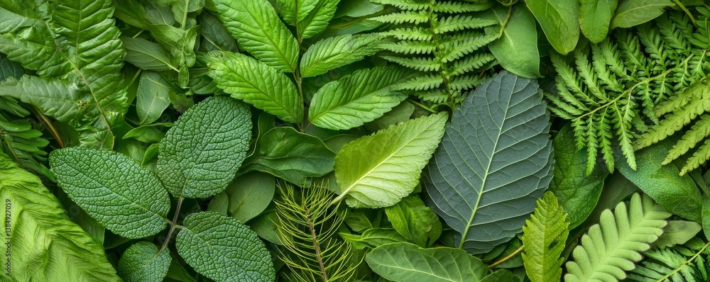 Poster a vibrant collection of various green leaves, showcasing different textures and shapes, creating a l