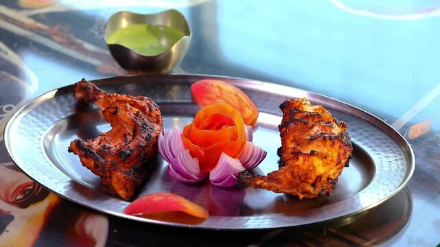 Tandoori chicken served in Plate.