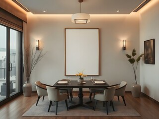 Minimalist Japandi style cozy dining room with blank poster on modern wall. 3D Rendering 