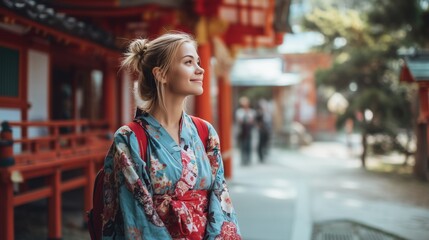 Fototapeta premium 着物姿の外国人女性が日本の神社で静かに佇むシーン 和文化体験 観光素材として使える高画質リアル写真 和風の背景と和装が織りなす美しい一枚