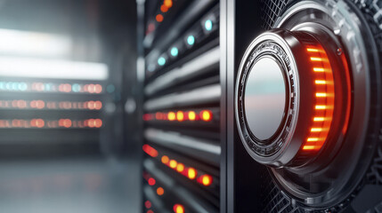 High tech server with glowing lights and intricate design, showcasing modern technology and data storage