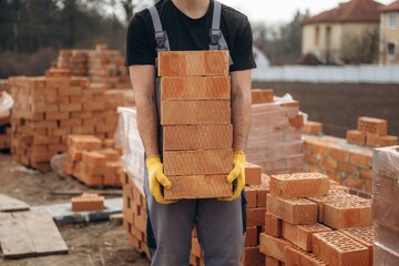 Close up view of construction man that is working with bricks