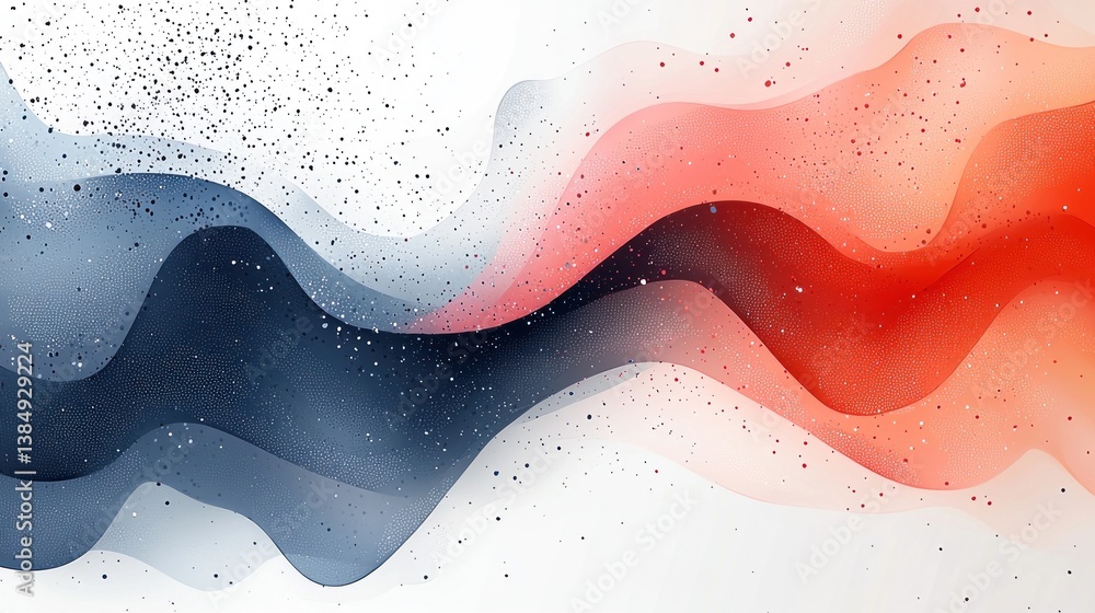 Poster abstract wavy lines with halftone pattern and glitter in blue and red tones