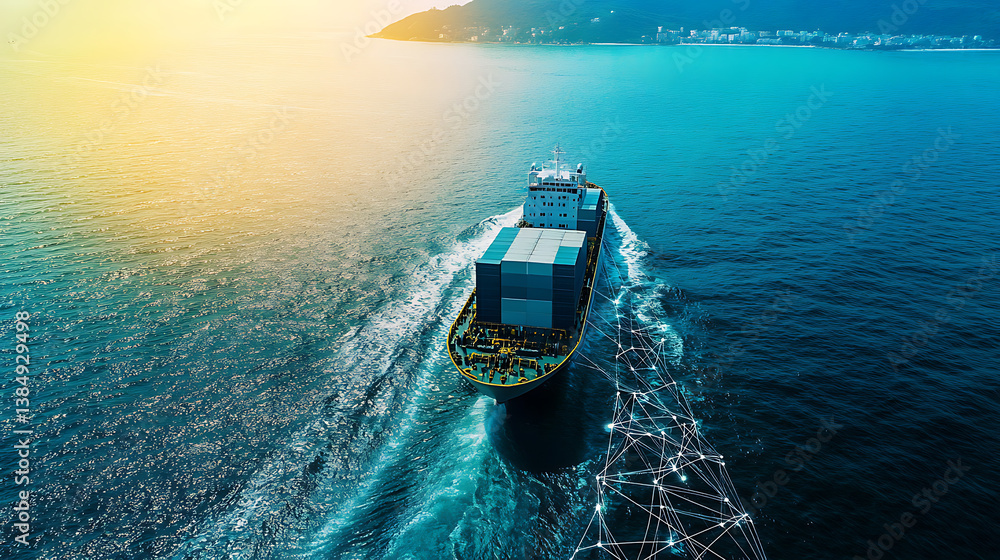 Poster an ai powered autonomous cargo ship navigating the open seas with precision , sleek vessel with real