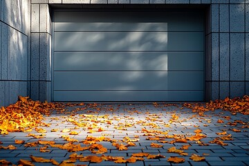 Autumnal Scene Fallen Leaves by Modern Garage Door.