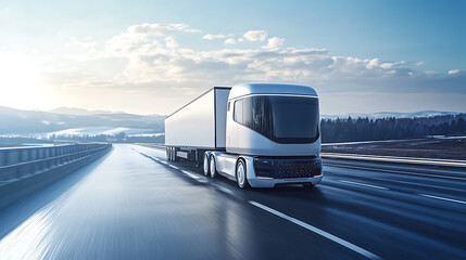 An AI powered autonomous cargo truck navigating highways in a smart transport system, advanced vehicle with real-time traffic monitoring and route optimization, Transportation technology style