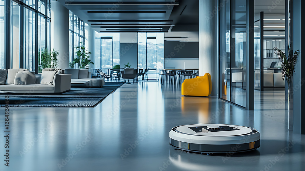 Poster an ai powered autonomous cleaning robot efficiently cleaning large office spaces with minimal superv