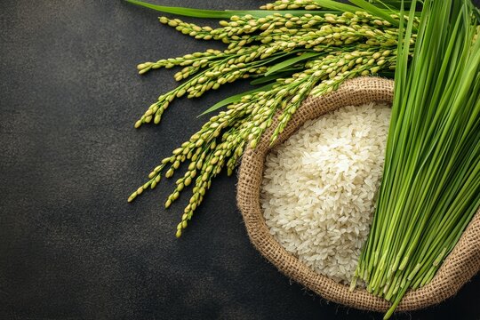 A background featuring rice, with a rustic and cultural, culinary theme
