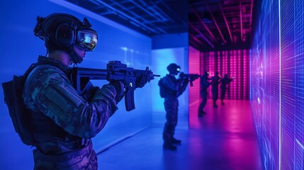 Soldiers training in a futuristic virtual reality environment with advanced weaponry