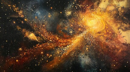 Brilliant Golden Explosion of Light and Energy Particles in Cosmic Space Art