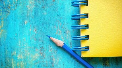 Bright yellow spiral notebook and blue pencil on a teal background, perfect for students and creative projects.