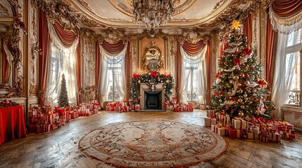 Beautifully decorated palace hall prepared and decorated for christmas