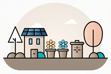 Sustainability Sustainable living is represented this illustration showcasing house with solar panels, flowers, and trees, emphasizing