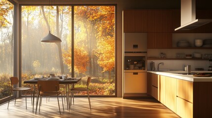Modern kitchen with autumn view, dining area, sunlight